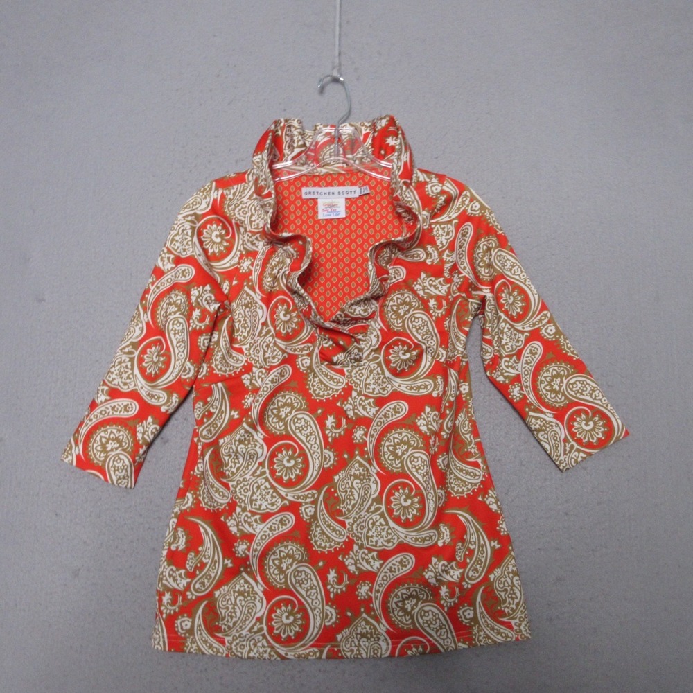 Gretchen Scott Top XXS Shrimp Orange Tan Ruffle Neck Paisley Party‎ Statement